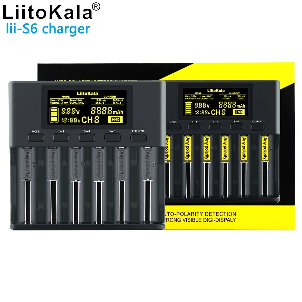 

liitokala lii S6 18650 26650 21700 lithium battery charger AA AAA LiFePo4 multifunctional 6 slot smart fast charging 1.2V 3.7V