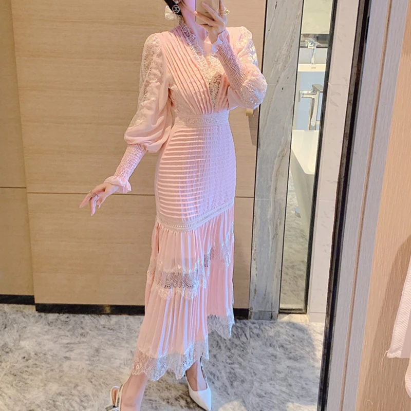 Wavsiyier Runway Luxury Boho Elegant Dresses Women Midi Dress Party Long Sleeve Spring 2021 A-Line High Waist Embroidery Lace | Женская
