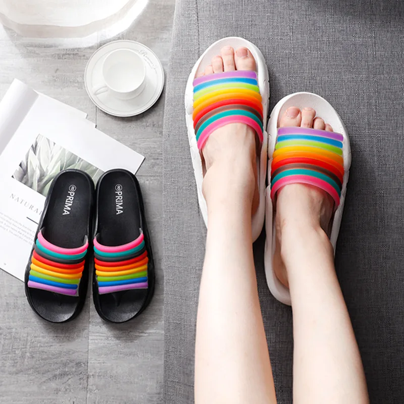

2019 New Style Rainbow Slipper Women's Summer Popular Beach Soft-Sole Indoors And Outdoors Wear Plastic Couples Sandals
