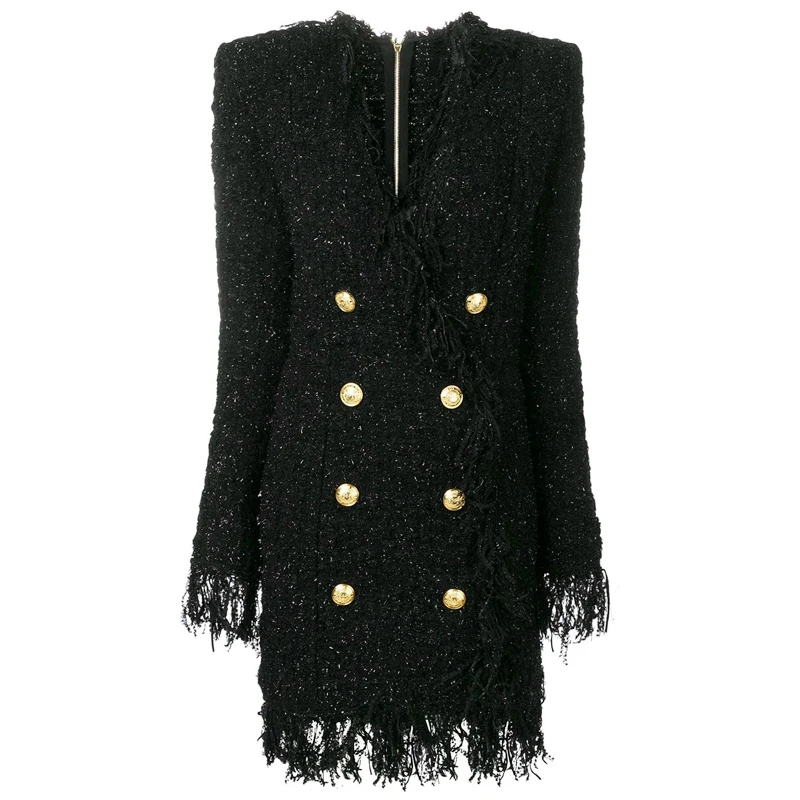  HIGH QUALITY Newest 2019 Designer Runway Dress Women's Long Sleeve Metal Lion Buttons Fringed Tweed