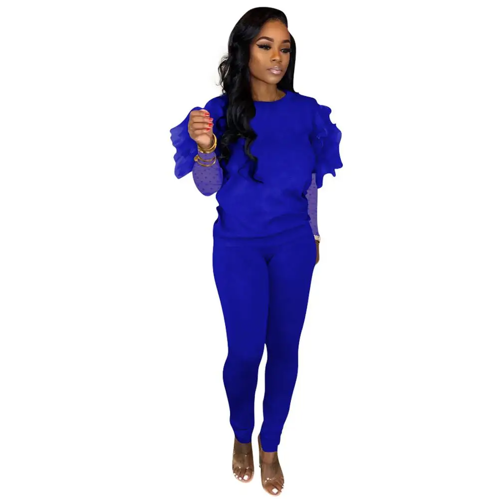

Fashion Two Piece Set Women Autumn Elegant Ruffle Mesh Sheer Long Sleeve O-neck Top+Elastic Long Pants Casual Tracksuit Outfits