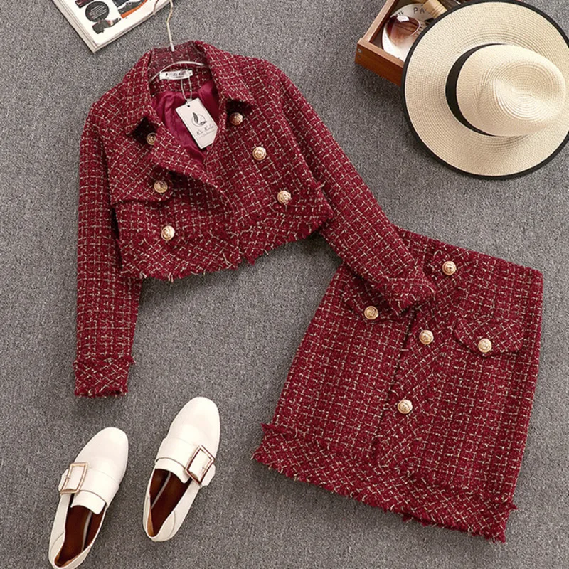 Mini Skirt Jacket Short Two-Piece-Set Woolen Vintage Women Tweed Coat Winter Fall Small
