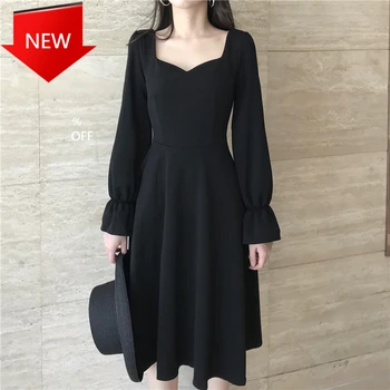 

Plus Size Vintage A line Midi Dresses Square Collar Female M-4XL Dress Long Black Party Dress Women Autumn Winter