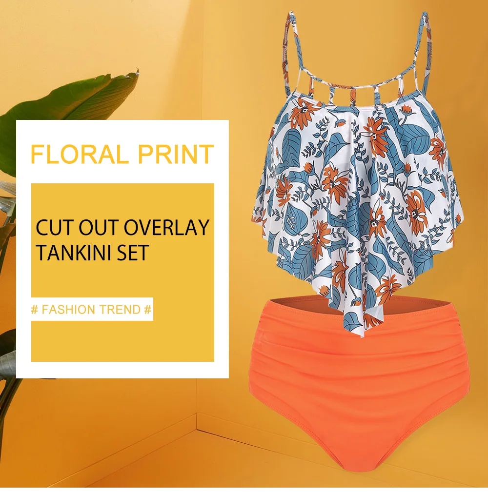Floral Print Cut Out Overlay Tankini Set