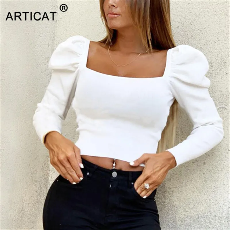 Articat 2020 осенняя Женская трикотажная футболка с длинным рукавом фонариком
