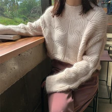 Корейский женский осенний зимний свитер с круглым воротником, Бежевый свитер с длинным рукавом, Свободный вязаный пуловер, однотонный джемпер размера плюс