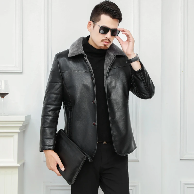 

big size 6XL high quality Men's Real Leather Bomber Jacket with Fur Collar Genuine Leather Pigskin Jackets Winter Warm Coat Men