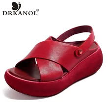 DRKANOL Fashion Handmade sandały damskie 2022 letnie buty oryginalne skórzane kliny sandały damskie Peep Toe Casual sandały na platformie