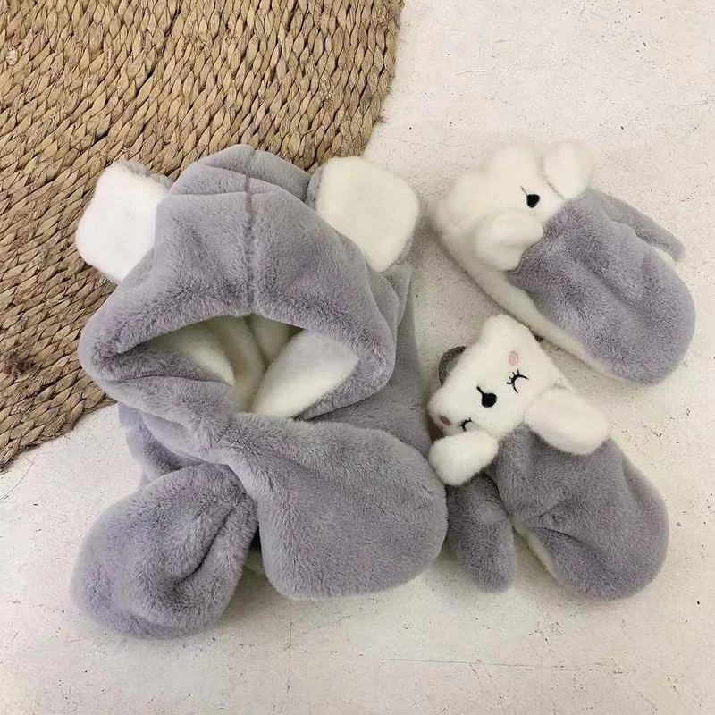 grey one set OMEA девушки зимние шапки, шарфы перчатки Зимний комплект с персонажами из мультфильмов для мальчиков обувь на платформе из искусственного кроличьего меха; сапоги с рисунком милого медведя; шляпы Шарфы Тедди Зимние перчатки для детей - Цвет: grey one set