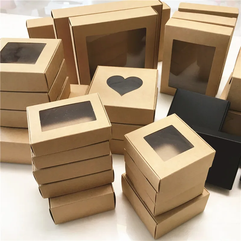 Caja de regalo de boda de papel Kraft, cajas de PVC para dulces y galletas, suministro para fiestas de cumpleaños, 50 Uds.