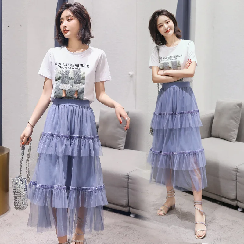 

Summer Wear 2019 New Style Short Sleeve T-shirt Mesh Dress Two-Piece Set France Non-mainstream Fairy Very Fairy of Set Victoria