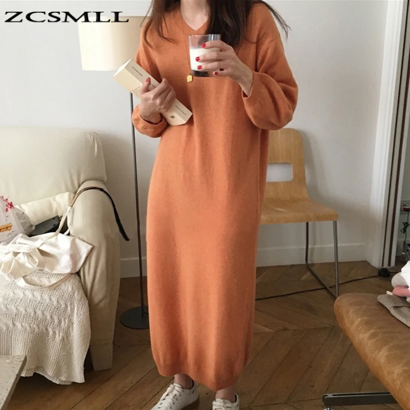 ZCSMLL Корея осень-зима Vestido темперамент Оранжевый v-образный вырез свободного