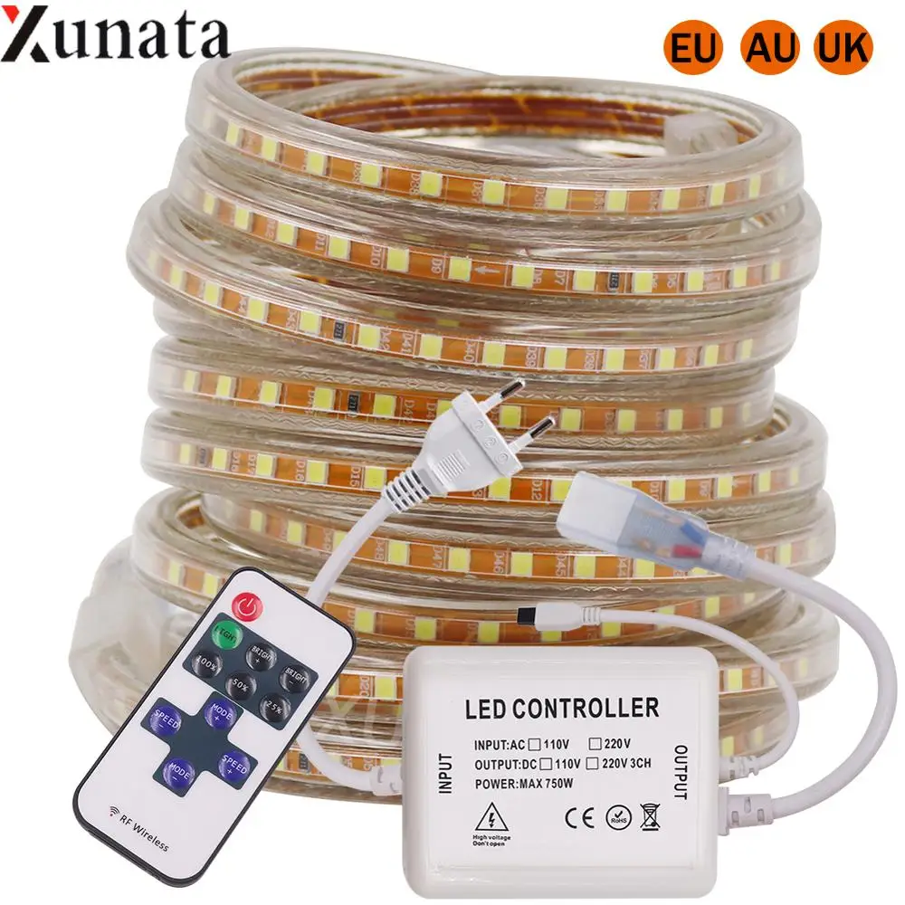 

220V LED Strip Light SMD2835 120LEDs/M Flexible LED Tape with 11 Key IR Dimmer Waterproof LED Ribbon EU/AU/UK Plug for Decor