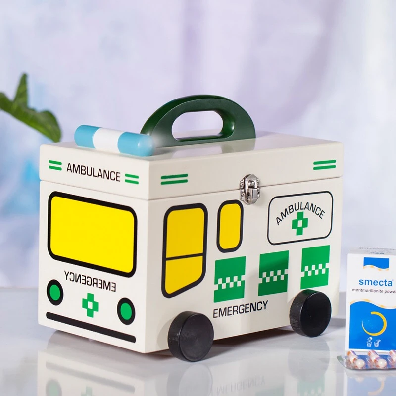 

First Aid Medicine Storage Box with Lock and Handle Removable Tray for Children Cute Toy Car Shape Family Emergency Kit Storage