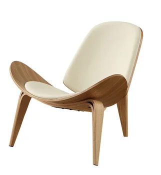 

A Solid Wood Three-Legged Shell Chair Ash Plywood Black Faux Leather Living Room Furniture Modern Shell Chair Leisure Chair