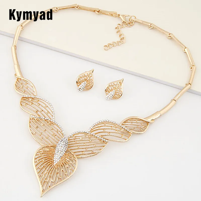 Kymyad Collier Femme Heart Necklaces &amp Pendants Jewelry Sets Crystal Hollow Metal Collares Statement Gold Color Colar For Women |