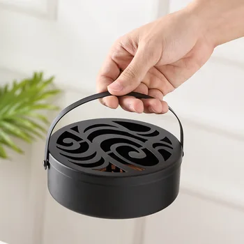 

Retro Wrought Iron Hollow Mosquito Coil Box with Lid Handle Mosquito Coil Household Anti-scalding Gray Sandalwood Incense Burner