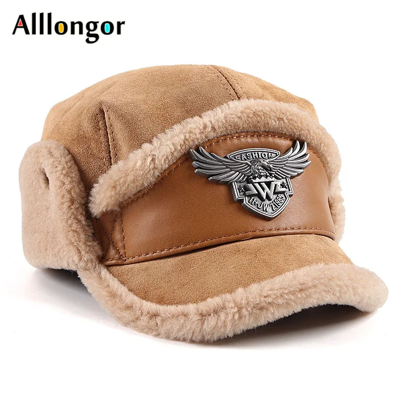 High Quality 2021 Winter Leather Hat Men Fur Lamb Wool Warm Thick Earflaps Bomber Hats Men's Baseball Cap Russian | Аксессуары для
