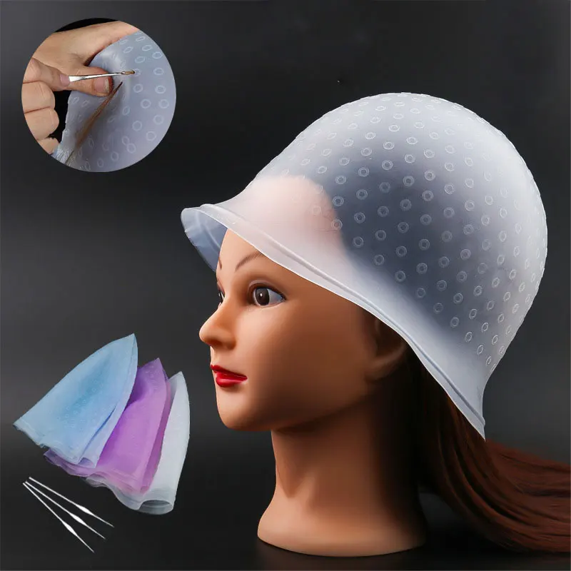 

Reusable Silicone Dye Hat Cap for Hair Color Highlighting Hairdressing with Needle EY669