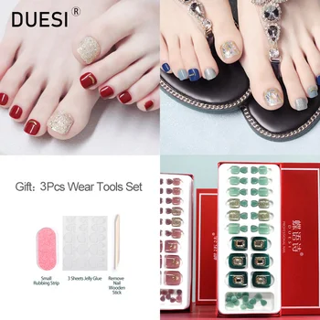 

DUESI 26Pcs/Set Fake Toe Nails Summer Shiny Beauty Artifical Tips French Square Full Cover Detachable Press On False Foot Nail