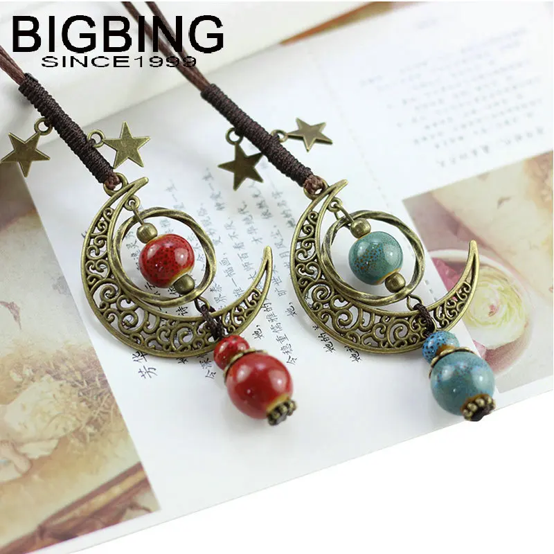 

Y012 BIGBING fashion jewelry retro golden moon star beasd pendant Necklace fashion necklace wholesale jewelry Free shipping