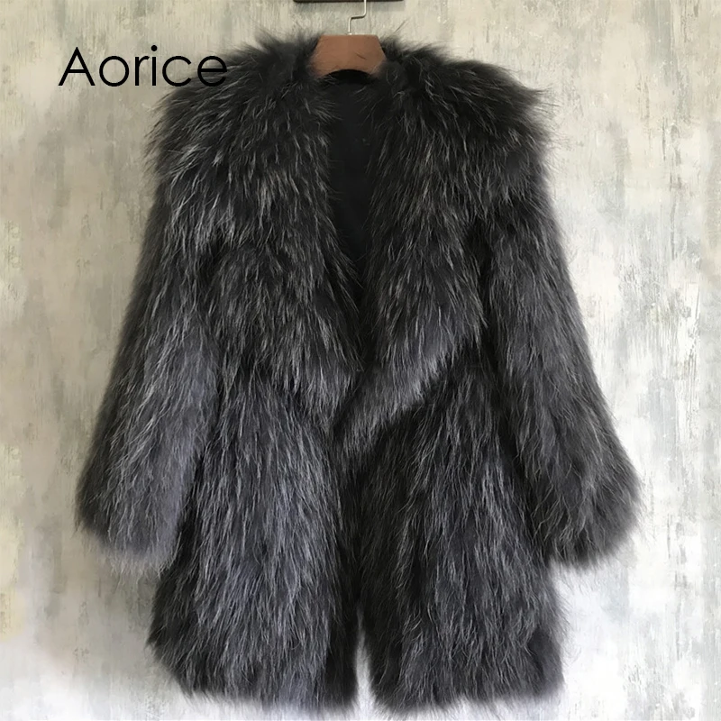 

Aorice Knitted Real raccoon fur coat/ jacket /overcoat women warm genuine fur coats long style 170916