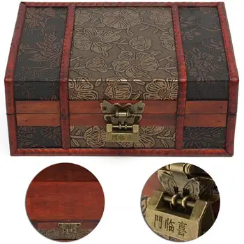 

Stylish Vintage Metal Lock Decorative Trinket Jewelry Storage Box Handmade Classical Wooden Treasure Case Storage Box Organizer