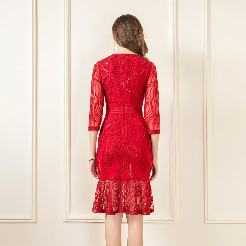 Autumn Fashion Sexy Party Mermaid Dress High Quality Women Allover Appliques Embroidery Sequined Pink Red Grey Dress XXXXL