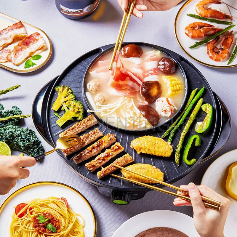 Home 220V Stainless Steel Nonstick Coat Pan Electric Hot Pot 1600W Auto Thermostat Control Frying Barbecue Grilled Meat Boiler 2