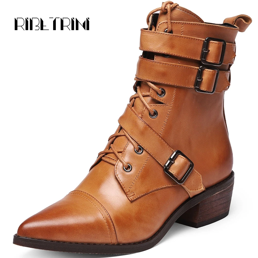 

RIBETRINI Vintage Women Genuine Leather Boots 2019 Chunky Heels Pointed Toe Buckle Shoes Woman Autumn Winter s Boots