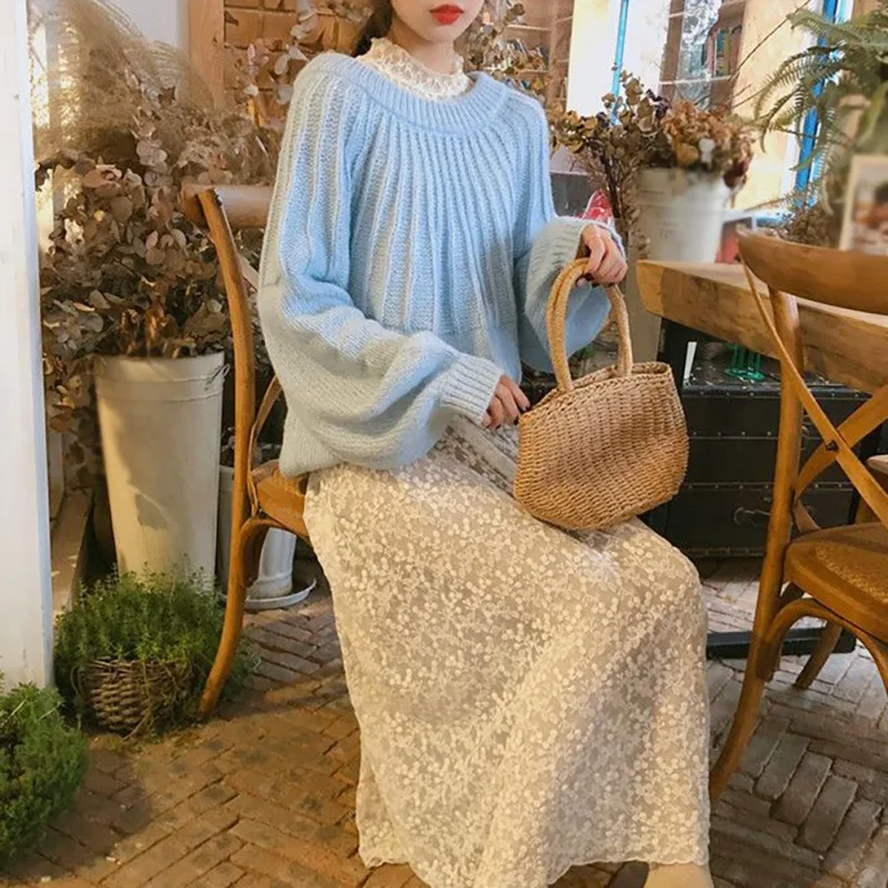 Элегантный женский свитер на осень и зиму с рукавами-фонариками и круглым воротником, однотонные свитера, Повседневная рубашка, женские топы
