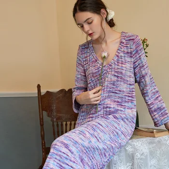 

Autumn Winter Women Sexy Cotton Sleepdress Long Sleeve Tie-dye V-neck Nightgown Loose Casual Home Nightdress Can Be Worn Outside