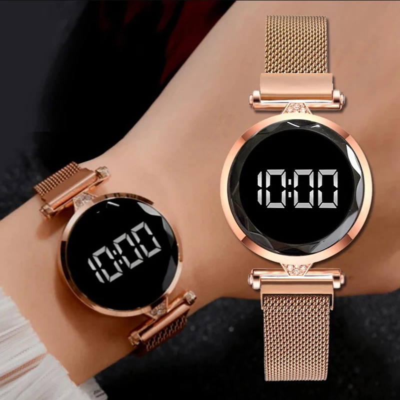 Luxury Digital Magnet Watches For Women Rose Gold Stainless Steel Dress Quartz Watch