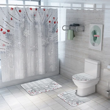 

Shower Curtain, Bathroom Carpet, Christmas Home Hotel Luxury Snowflake Ball Printed Mould-Proof Toilet Cover