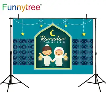 

Funnytree Ramadan Kareem Photographic Background Cute Cartoon Muslim Kids Crescent Moon Stars Eid Mubarak Backdrop Photophone