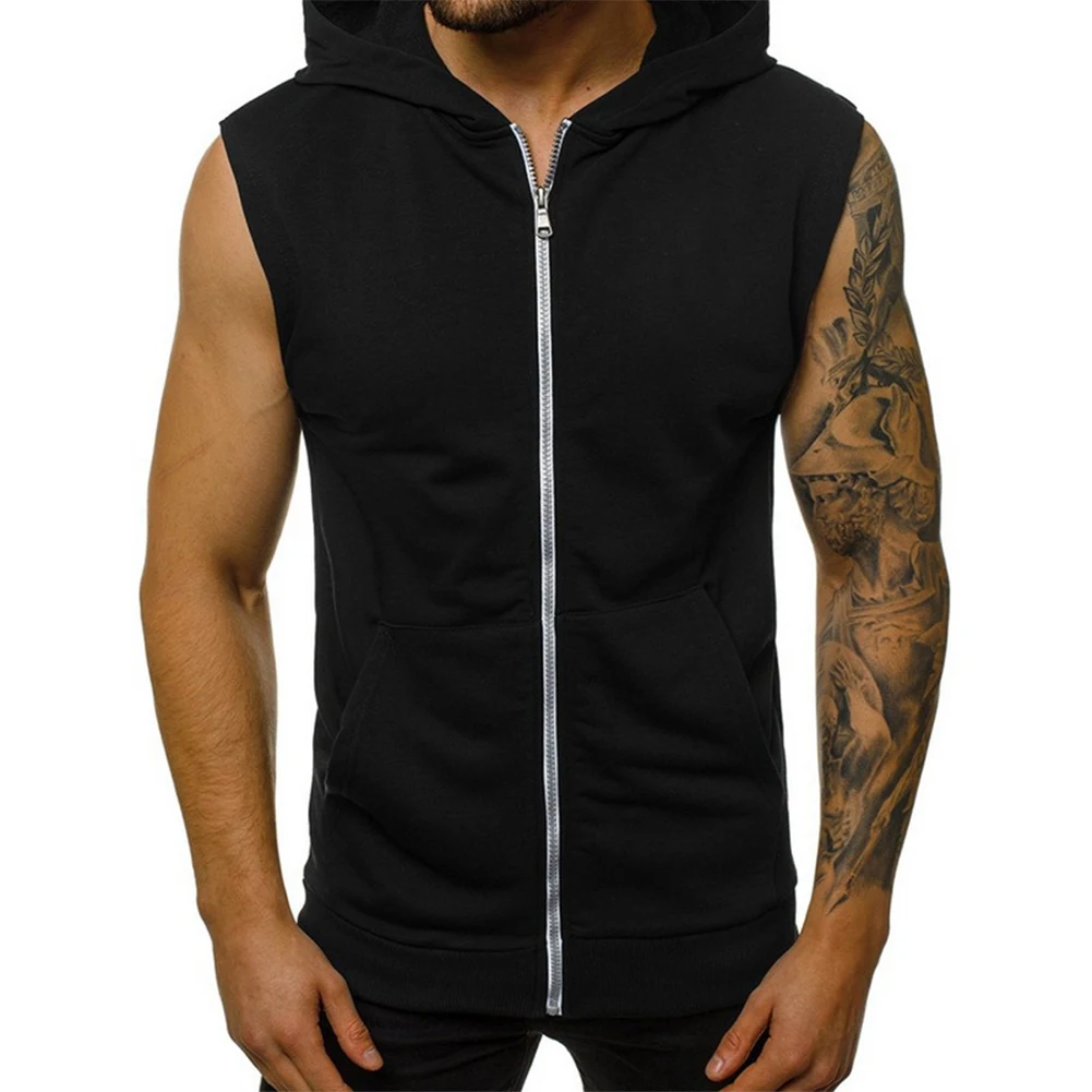 Мужские летние Повседневный жилет с капюшоном Однотонная одежда без рукавов