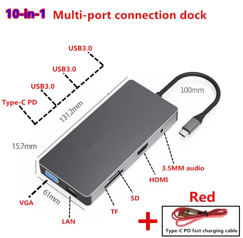 Usb-хаб-c Расширительная док-станция USB3.0 SD TF HDMI VGA 3,5 мм аудио Ethernet интерфейс для huawei xiaomi Macbook mate 10 P20 pro - Цвет: PD  line Red