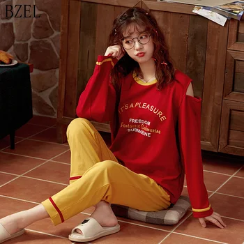 

BZEL Sleepwear Women's New Stylish Pajamas Set Casual Cotton Pyjama Femme Pijama Mujer Girl's Lounge Wear Home Suit Sportswear