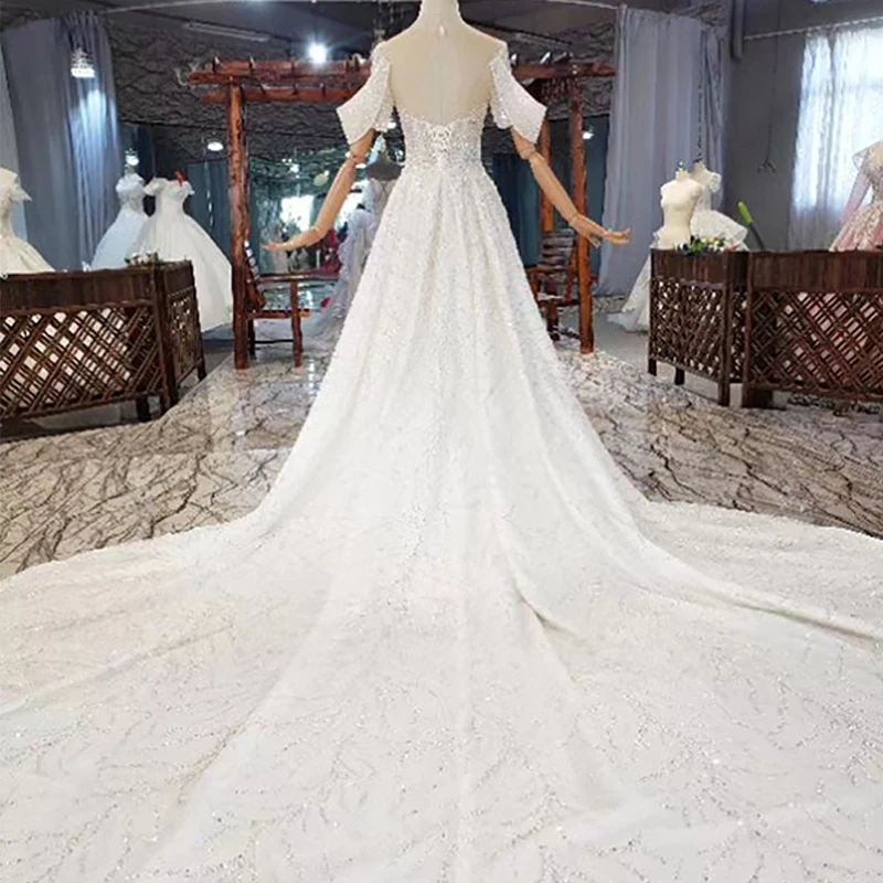 HTL1885 Ivory White Crystal Detachable Train Mermaid Wedding Dress 2020 Short Sleeve Sequined Pearls Appliques 2