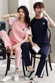 

Couple's sleep wear soft thin knitted cotton plus size short sleeve t-shirt and pant sport women's pajama set men's home wear