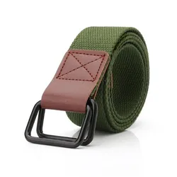 Simple Solid Canvas Belt Waist Straps Women Men 122.5cm*3.8cm Shaped Double Metal Ring Buckle Waistband Female Male