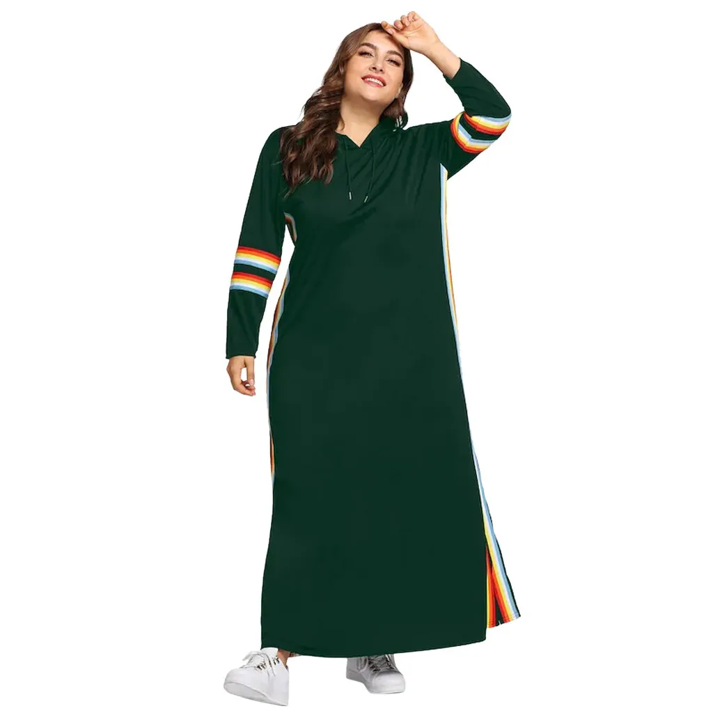 Плюс размер платье женские сексуальные длинные платья Радужный худи в полоску длинный рукав подол Сплит платье с карманами повседневные свободные платья - Цвет: Зеленый