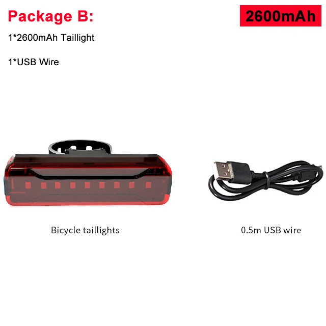2600mAh Велосипед Велосипедный свет, светодиодные задние фонари безопасность заднего хвоста Предупреждение Велоспорт портативный свет, USB стиль перезаряжаемые или батарея стиль - Цвет: 2600mAh