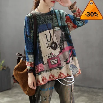 

Long Women Blouse Sleeve Shirt Women Spring Cartoon Printed Tops Autumn Vintage Loose Knitted Pullover Blusas Mujer De Moda