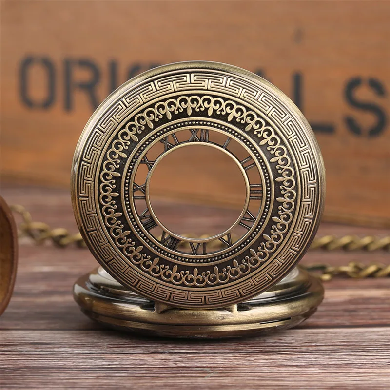 Vintage Half Hunter Unisex Hand Winding Mechanical Pocket Watch Roman Numerals Hollow Bronze Pendant Watches Clock FOB Chain