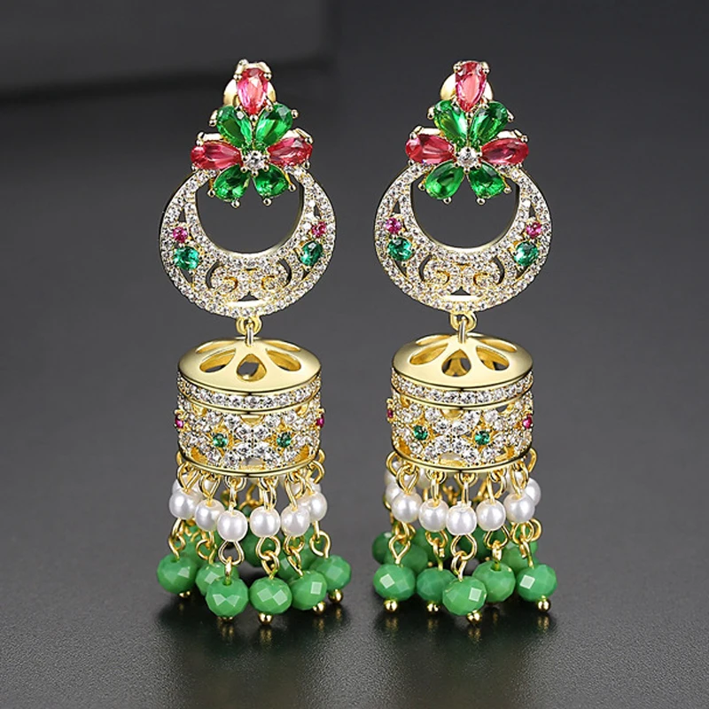 Ретро Индийский Болливуд Jhumka Jhumki Висячие серьги цыганские модные ювелирные изделия AAA кубический циркон Кристалл бисер кисточка висячие серьги