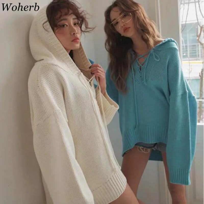 Woherb вязаный свитер женский Invierno корейский негабаритный пуловер с капюшоном Женский Однотонный свитер Харадзюку уличная одежда