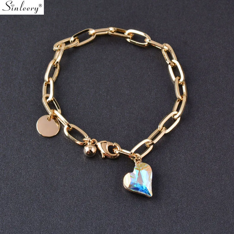 SINLEERY Gorgeous Crystal Heart Friendship Bracelets Yellow Gold Silver Color Chian Beautiful Bracelet Women Jewelry SL153 SSE