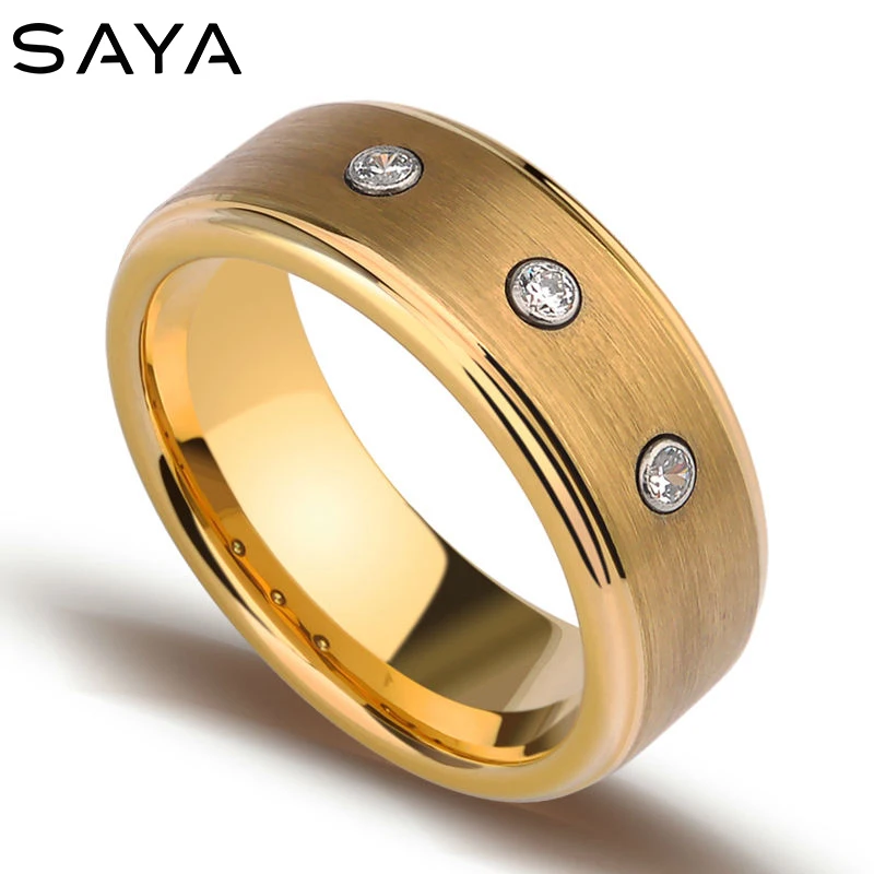 

New Arrival 8mm Width Tungsten Man's Rings 18K Gold Plating With Three CZ Stones for Engagement Free Shipping