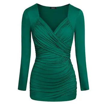 

Woman Long Sleeve T-shirt Cross Pleated Design Patchwork V-neck OL Solid Slim Casual, Office, etc. Shirt Women